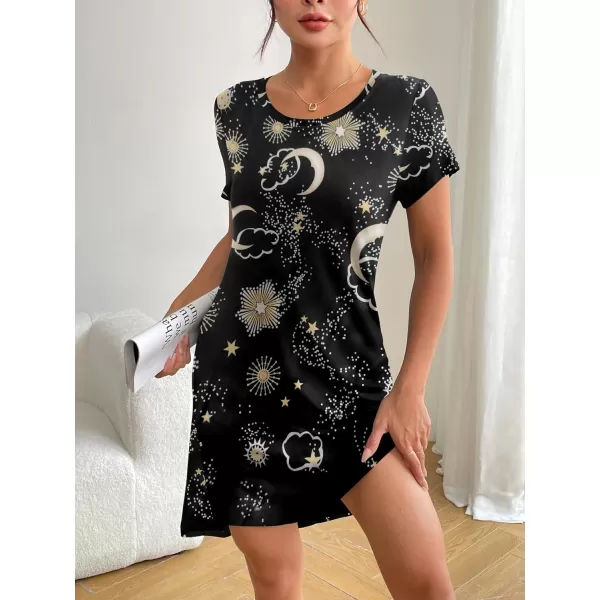 HOTOUCH Womens Nightgown Short Sleeve Printed Sleepshirts Cute Night Shirts Soft Pajama SleepwearBlack Cloud Moon