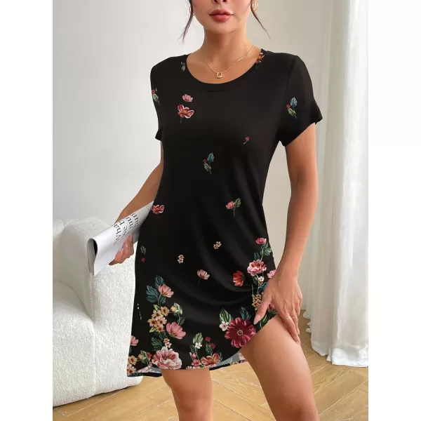 HOTOUCH Womens Nightgown Short Sleeve Printed Sleepshirts Cute Night Shirts Soft Pajama SleepwearBlack Floral