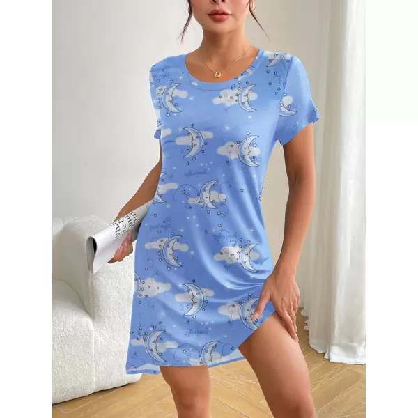 HOTOUCH Womens Nightgown Short Sleeve Printed Sleepshirts Cute Night Shirts Soft Pajama SleepwearBlue Cloud Moon