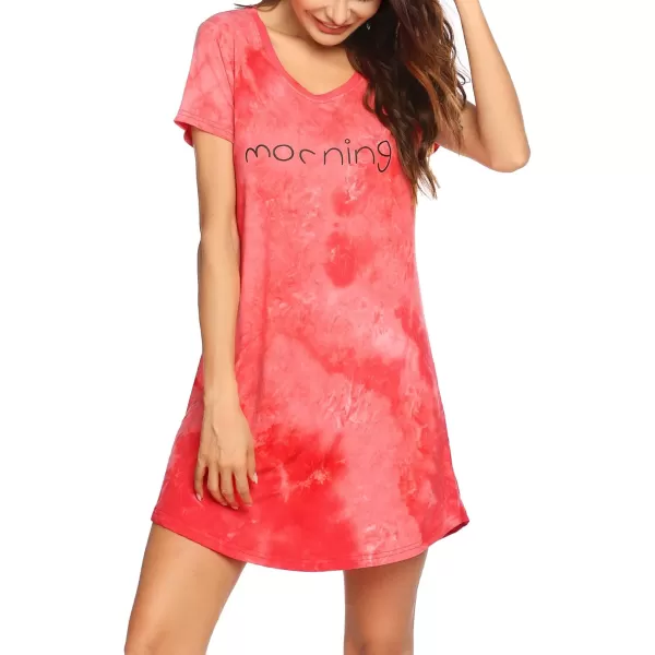 HOTOUCH Womens Nightgown Short Sleeve Printed Sleepshirts Cute Night Shirts Soft Pajama SleepwearBtie Dye Red