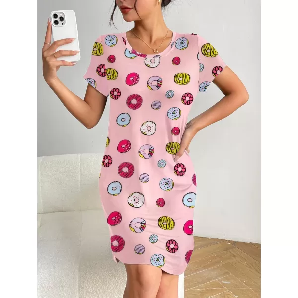 HOTOUCH Womens Nightgown Short Sleeve Printed Sleepshirts Cute Night Shirts Soft Pajama SleepwearPink Donut