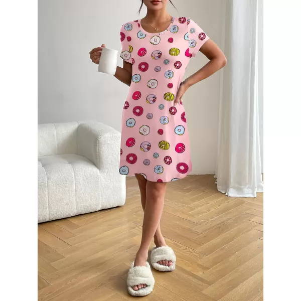 HOTOUCH Womens Nightgown Short Sleeve Printed Sleepshirts Cute Night Shirts Soft Pajama SleepwearPink Donut