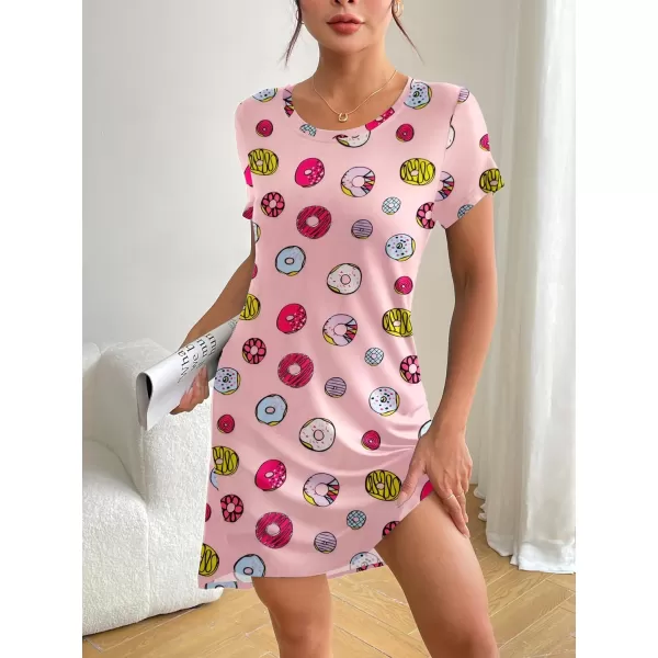 HOTOUCH Womens Nightgown Short Sleeve Printed Sleepshirts Cute Night Shirts Soft Pajama SleepwearPink Donut