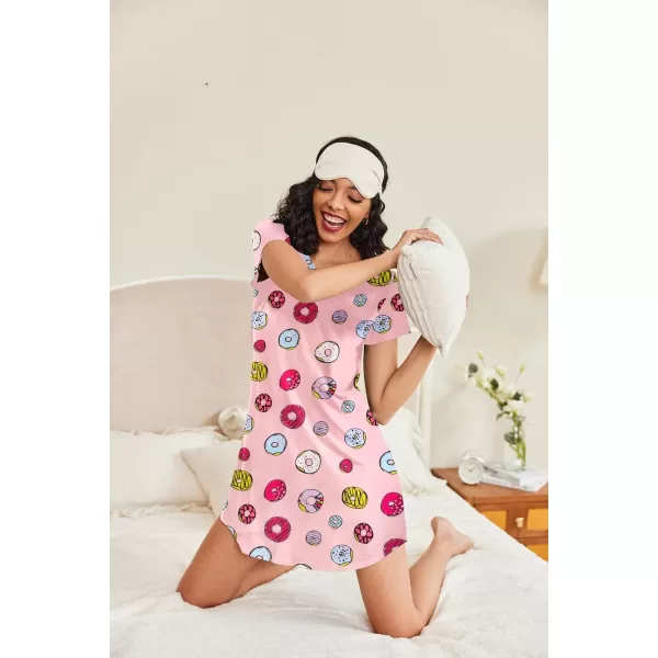 HOTOUCH Womens Nightgown Short Sleeve Printed Sleepshirts Cute Night Shirts Soft Pajama SleepwearPink Donut