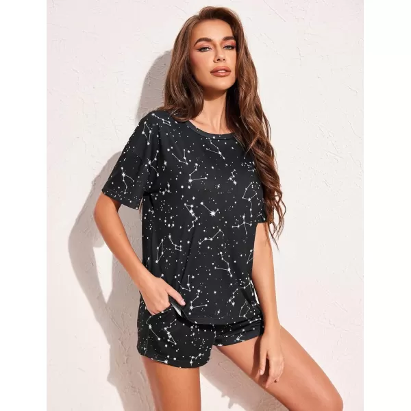HOTOUCH Womens Printed Pajamas Set Soft Lounge Sets Short Sleeve Tops and Shorts 2 Piece Sleepwear Pj SetsBlack Star