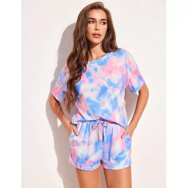 HOTOUCH Womens Printed Pajamas Set Soft Lounge Sets Short Sleeve Tops and Shorts 2 Piece Sleepwear Pj SetsBlue Pink Tie Dye