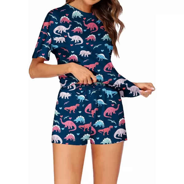 HOTOUCH Womens Printed Pajamas Set Soft Lounge Sets Short Sleeve Tops and Shorts 2 Piece Sleepwear Pj SetsDinosaur Navy