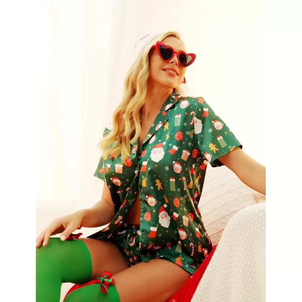 HOTOUCH Womens Satin Pajamas Set Button Down 2 Piece Silk Pjs Shorts Set Ruffle Lingerie Notch Collar SleepwearChristmas Green