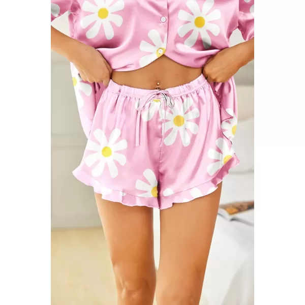 HOTOUCH Womens Satin Pajamas Set Button Down 2 Piece Silk Pjs Shorts Set Ruffle Lingerie Notch Collar SleepwearFloral Pink