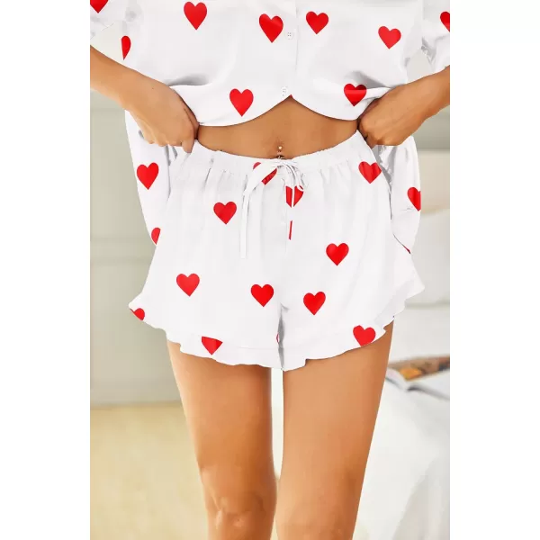 HOTOUCH Womens Satin Pajamas Set Button Down 2 Piece Silk Pjs Shorts Set Ruffle Lingerie Notch Collar SleepwearHeart