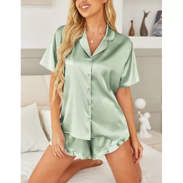 HOTOUCH Womens Satin Pajamas Set Button Down 2 Piece Silk Pjs Shorts Set Ruffle Lingerie Notch Collar SleepwearLight Green