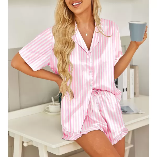 HOTOUCH Womens Satin Pajamas Set Button Down 2 Piece Silk Pjs Shorts Set Ruffle Lingerie Notch Collar SleepwearPink Striped