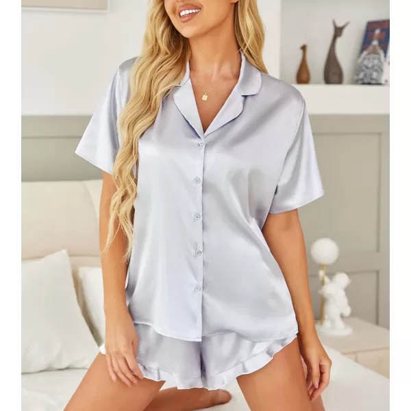 HOTOUCH Womens Satin Pajamas Set Button Down 2 Piece Silk Pjs Shorts Set Ruffle Lingerie Notch Collar SleepwearSliver Grey