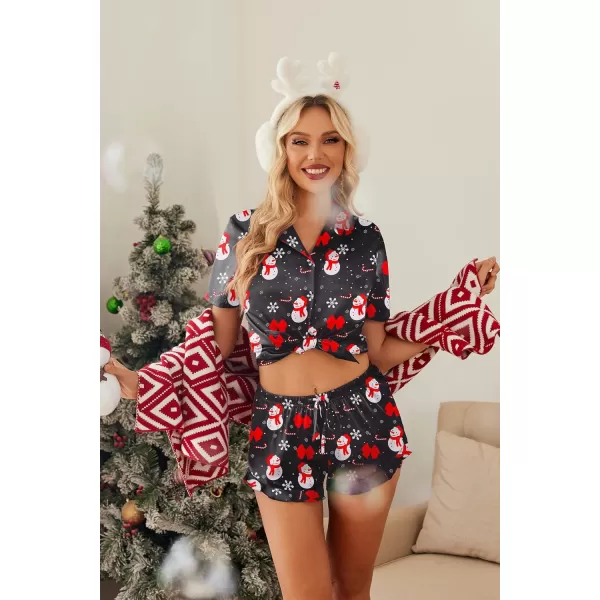 HOTOUCH Womens Satin Pajamas Set Button Down 2 Piece Silk Pjs Shorts Set Ruffle Lingerie Notch Collar SleepwearSnowman