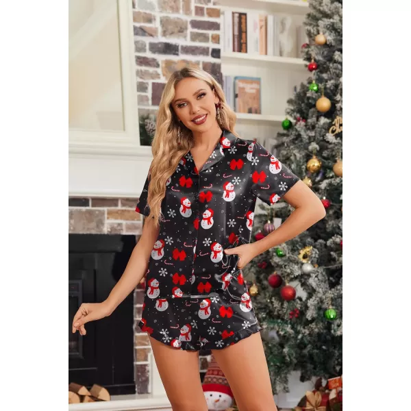 HOTOUCH Womens Satin Pajamas Set Button Down 2 Piece Silk Pjs Shorts Set Ruffle Lingerie Notch Collar SleepwearSnowman