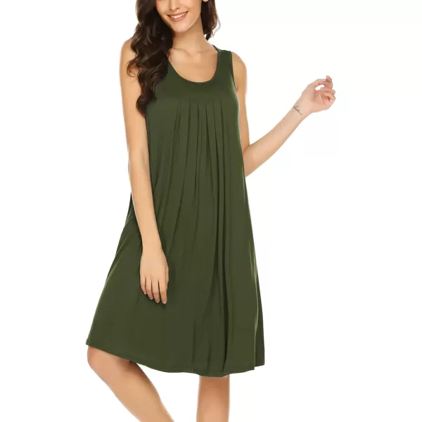HOTOUCH Womens Sleeveless Nightgowns Pleated Round Neck Sleep Shirt Tank Top Gown Pockets Sleepwear SXXXLDark Army Green
