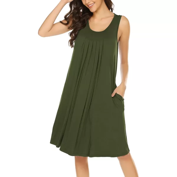 HOTOUCH Womens Sleeveless Nightgowns Pleated Round Neck Sleep Shirt Tank Top Gown Pockets Sleepwear SXXXLDark Army Green