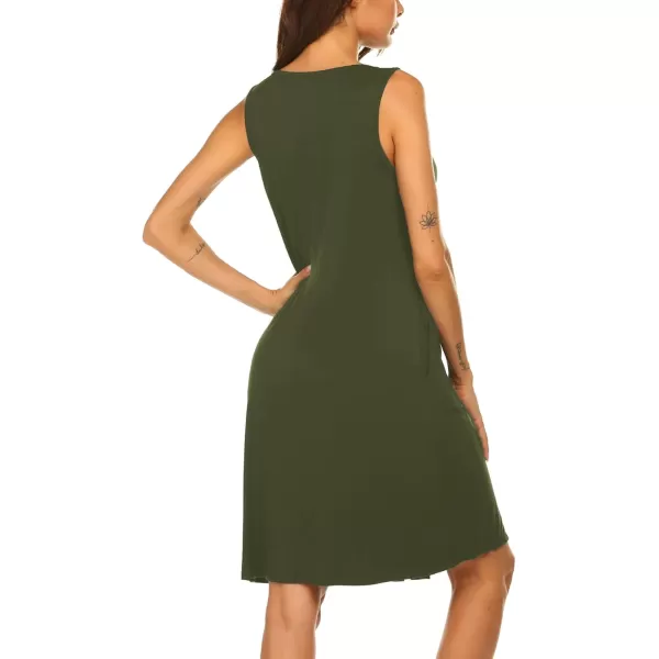 HOTOUCH Womens Sleeveless Nightgowns Pleated Round Neck Sleep Shirt Tank Top Gown Pockets Sleepwear SXXXLDark Army Green