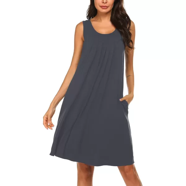 HOTOUCH Womens Sleeveless Nightgowns Pleated Round Neck Sleep Shirt Tank Top Gown Pockets Sleepwear SXXXLDark Grey
