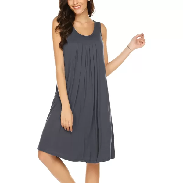 HOTOUCH Womens Sleeveless Nightgowns Pleated Round Neck Sleep Shirt Tank Top Gown Pockets Sleepwear SXXXLDark Grey