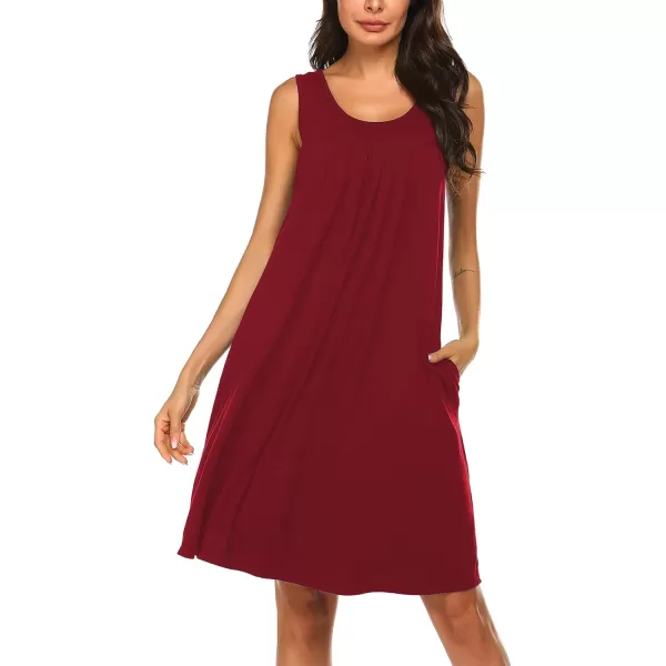HOTOUCH Womens Sleeveless Nightgowns Pleated Round Neck Sleep Shirt Tank Top Gown Pockets Sleepwear SXXXLRed
