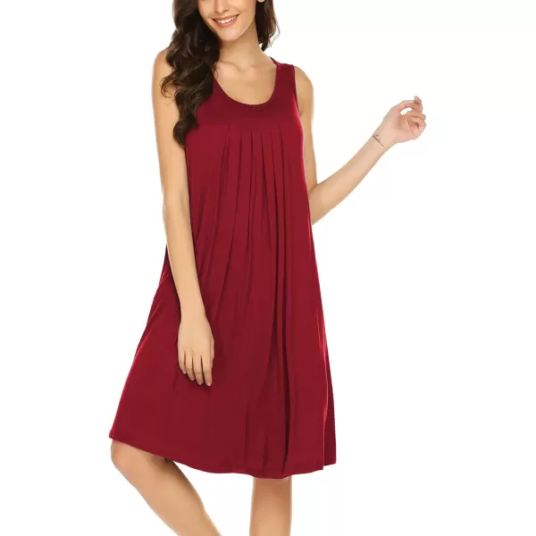 HOTOUCH Womens Sleeveless Nightgowns Pleated Round Neck Sleep Shirt Tank Top Gown Pockets Sleepwear SXXXLRed
