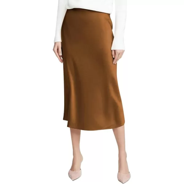 HOTOUCH Midi Skirts for Women High Waist Silk Stain Casual A Line Zipper SkirtXSXLBrown