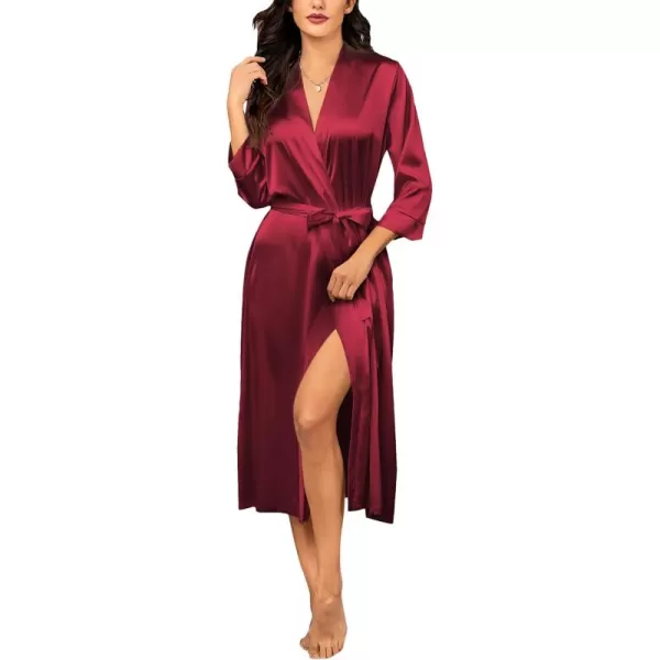 HOTOUCH Silk Robes for Women Long Bridesmaid Wedding Party Satin Robes Sleepwear with PocketsAwine Red