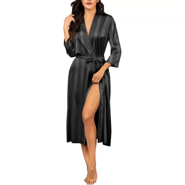 HOTOUCH Silk Robes for Women Long Bridesmaid Wedding Party Satin Robes Sleepwear with PocketsBlack Stripes