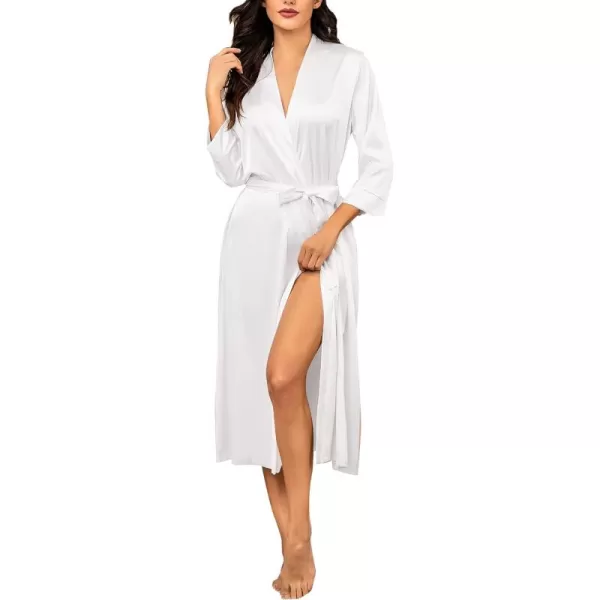 HOTOUCH Silk Robes for Women Long Bridesmaid Wedding Party Satin Robes Sleepwear with PocketsWhite