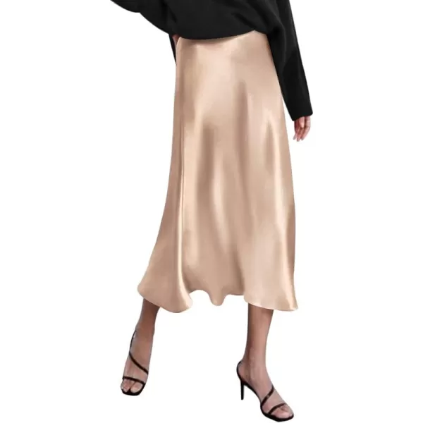 HOTOUCH Womens Midi Skirt High Waisted Solid Satin Dress Zipper Elegant Work SkirtsCracker Khaki