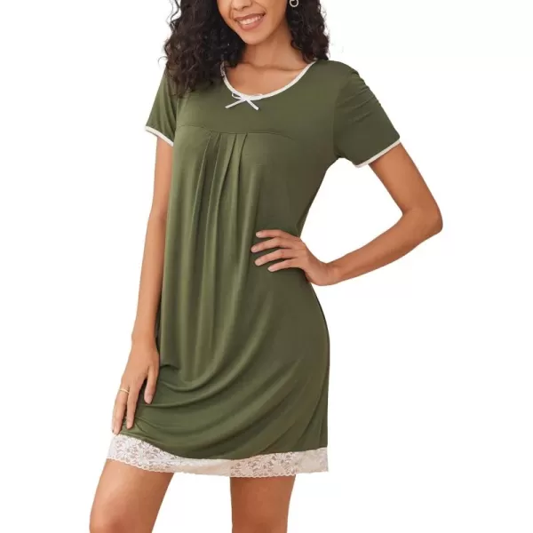 HOTOUCH Womens Nightgown Short Sleeve Nightdress Comfy Pleated Sleep Shirt Lace Trim Scoop Neck Nightshirt SXXLGreen