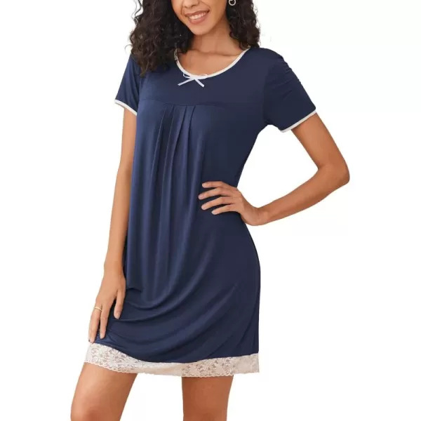 HOTOUCH Womens Nightgown Short Sleeve Nightdress Comfy Pleated Sleep Shirt Lace Trim Scoop Neck Nightshirt SXXLNavy Blue