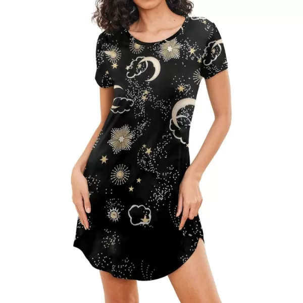 HOTOUCH Womens Nightgown Short Sleeve Printed Sleepshirts Cute Night Shirts Soft Pajama SleepwearBlack Cloud Moon