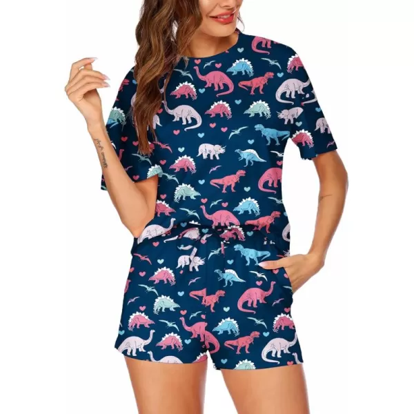 HOTOUCH Womens Printed Pajamas Set Soft Lounge Sets Short Sleeve Tops and Shorts 2 Piece Sleepwear Pj SetsDinosaur Navy