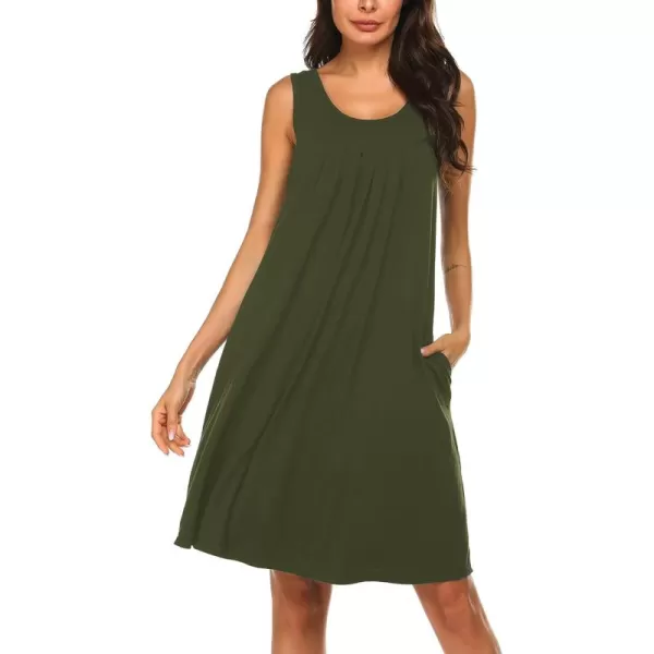 HOTOUCH Womens Sleeveless Nightgowns Pleated Round Neck Sleep Shirt Tank Top Gown Pockets Sleepwear SXXXLDark Army Green