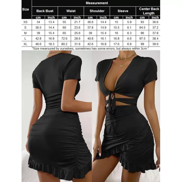 HOTOUCH 2023 Womens Bodycon Dress Short Sleeve Tied Cut Out Ruched Mini Club Party Summer Dresses XSXXLA Black
