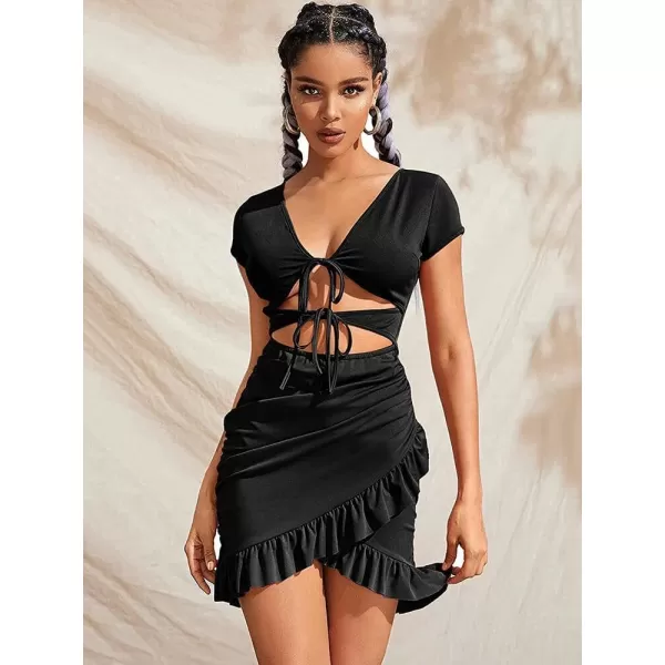 HOTOUCH 2023 Womens Bodycon Dress Short Sleeve Tied Cut Out Ruched Mini Club Party Summer Dresses XSXXLA Black