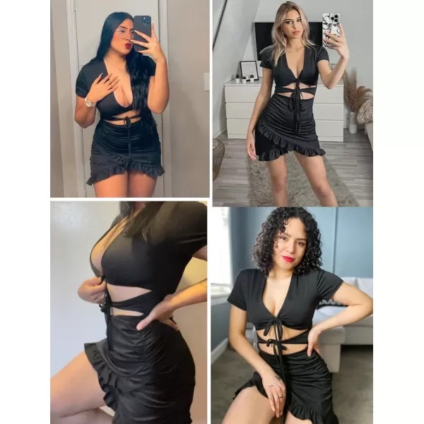 HOTOUCH 2023 Womens Bodycon Dress Short Sleeve Tied Cut Out Ruched Mini Club Party Summer Dresses XSXXLA Black