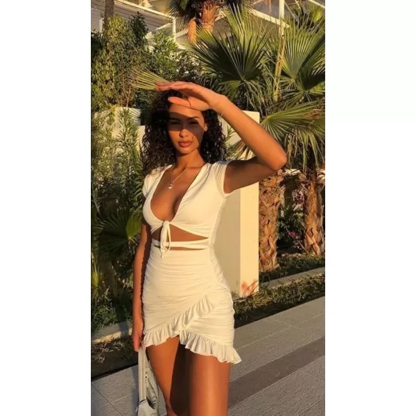 HOTOUCH 2023 Womens Bodycon Dress Short Sleeve Tied Cut Out Ruched Mini Club Party Summer Dresses XSXXLA White