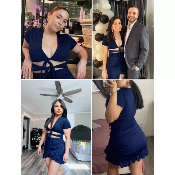HOTOUCH 2023 Womens Bodycon Dress Short Sleeve Tied Cut Out Ruched Mini Club Party Summer Dresses XSXXLNavy Blue