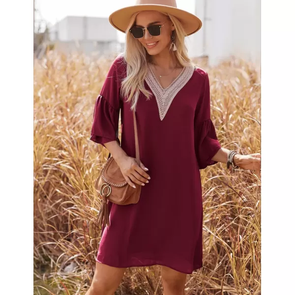 HOTOUCH Dresses for Women 2023 Summer Bell Sleeve Guipure Lace Patchwork Swing Shift Mini DressWine Red