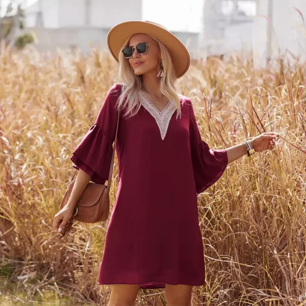 HOTOUCH Dresses for Women 2023 Summer Bell Sleeve Guipure Lace Patchwork Swing Shift Mini DressWine Red