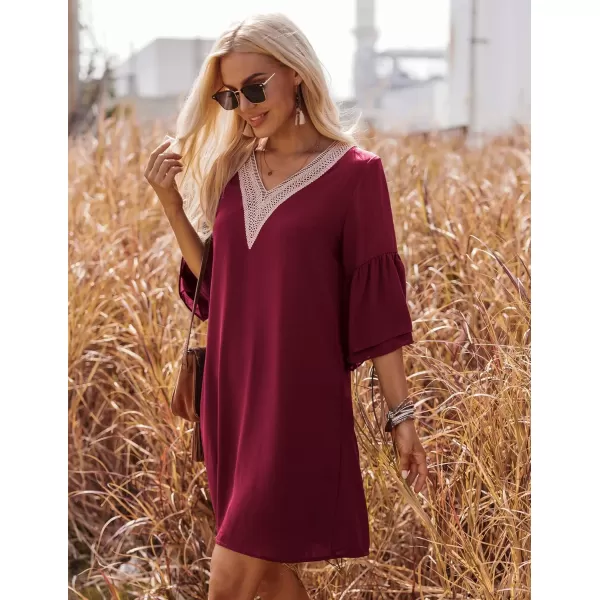 HOTOUCH Dresses for Women 2023 Summer Bell Sleeve Guipure Lace Patchwork Swing Shift Mini DressWine Red