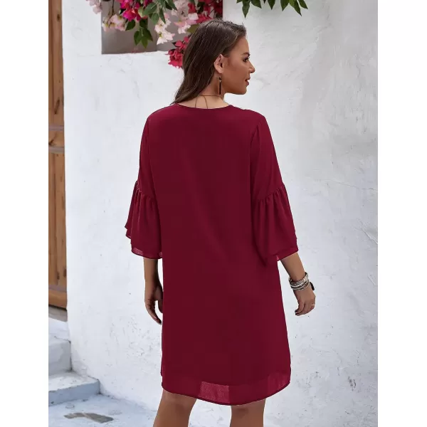 HOTOUCH Dresses for Women 2023 Summer Bell Sleeve Guipure Lace Patchwork Swing Shift Mini DressWine Red