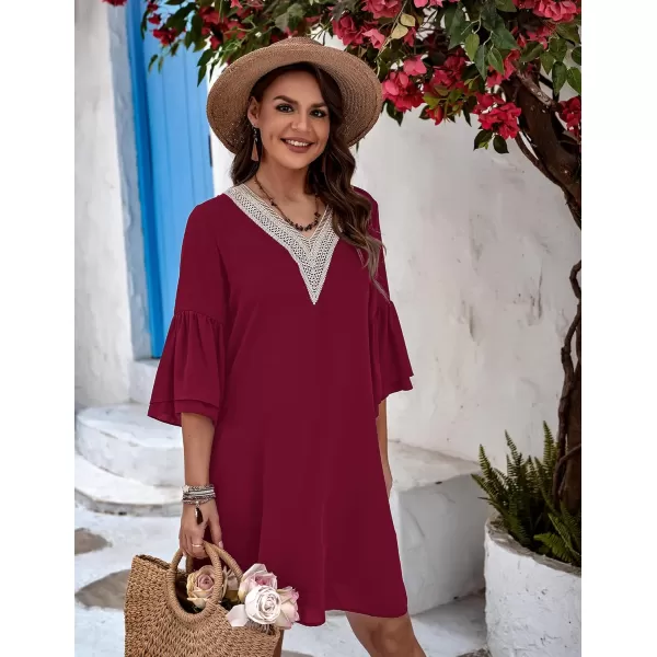 HOTOUCH Dresses for Women 2023 Summer Bell Sleeve Guipure Lace Patchwork Swing Shift Mini DressWine Red