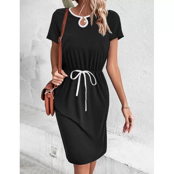 HOTOUCH Dresses for Women 2024 Summer Casual Beach Sundress Short Sleeve Shift Dress O Neck TShirt Dress with PocketsBlack