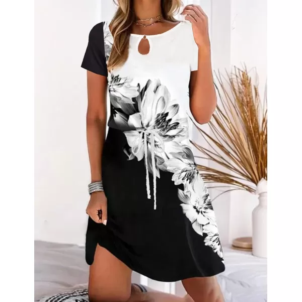 HOTOUCH Dresses for Women 2024 Summer Casual Beach Sundress Short Sleeve Shift Dress O Neck TShirt Dress with PocketsFloral 01