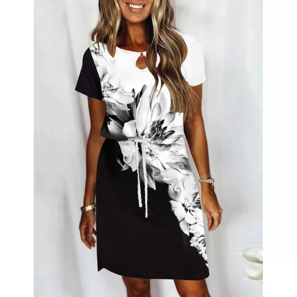 HOTOUCH Dresses for Women 2024 Summer Casual Beach Sundress Short Sleeve Shift Dress O Neck TShirt Dress with PocketsFloral 01