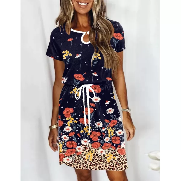 HOTOUCH Dresses for Women 2024 Summer Casual Beach Sundress Short Sleeve Shift Dress O Neck TShirt Dress with PocketsFloral 02